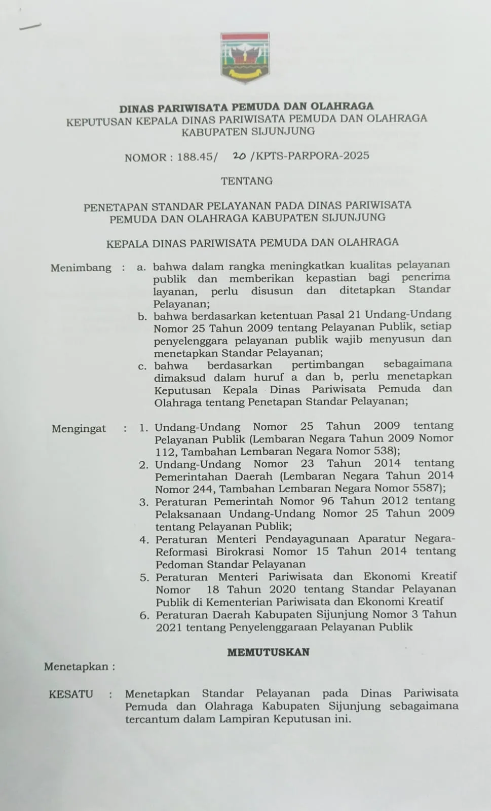 Dinas Pariwisata Pemuda dan Olahraga Sijunjung Tetapkan Standar Pelayanan Publik Tahun 2025